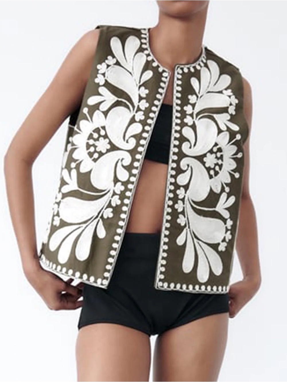 Zara contrast embroidered vest khaki / dark olive green women’s small